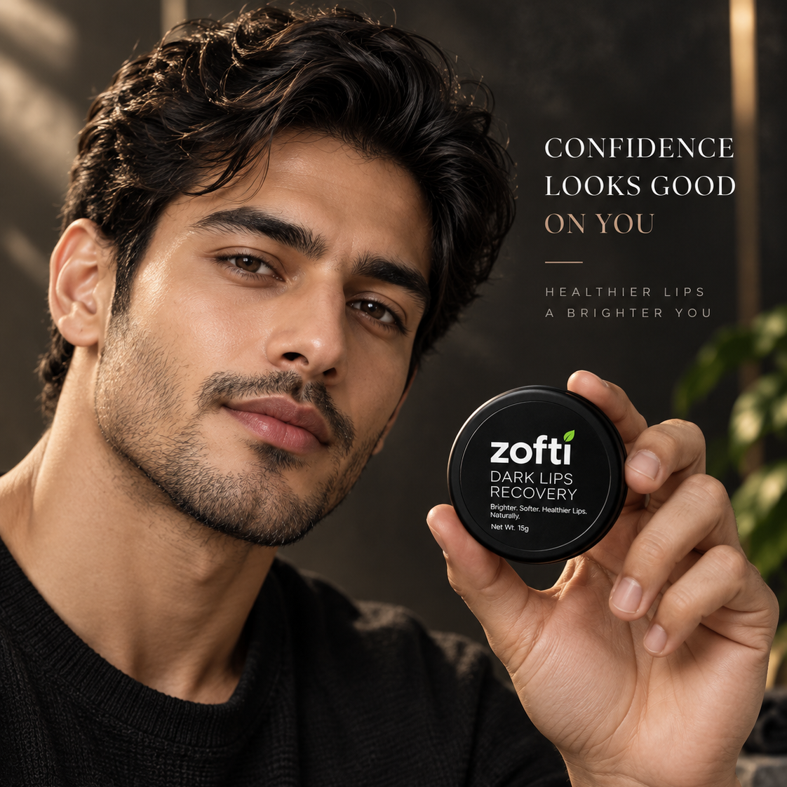 A man in a black knit sweater holds up a round black jar of zofti Dark Lip Recovery balm. The background is a dark, moody indoor setting with warm lighting, and text overlays on the right read 'CONFIDENCE LOOKS GOOD ON YOU' and 'HEALTHIER LIPS A BRIGHTER YOU'.